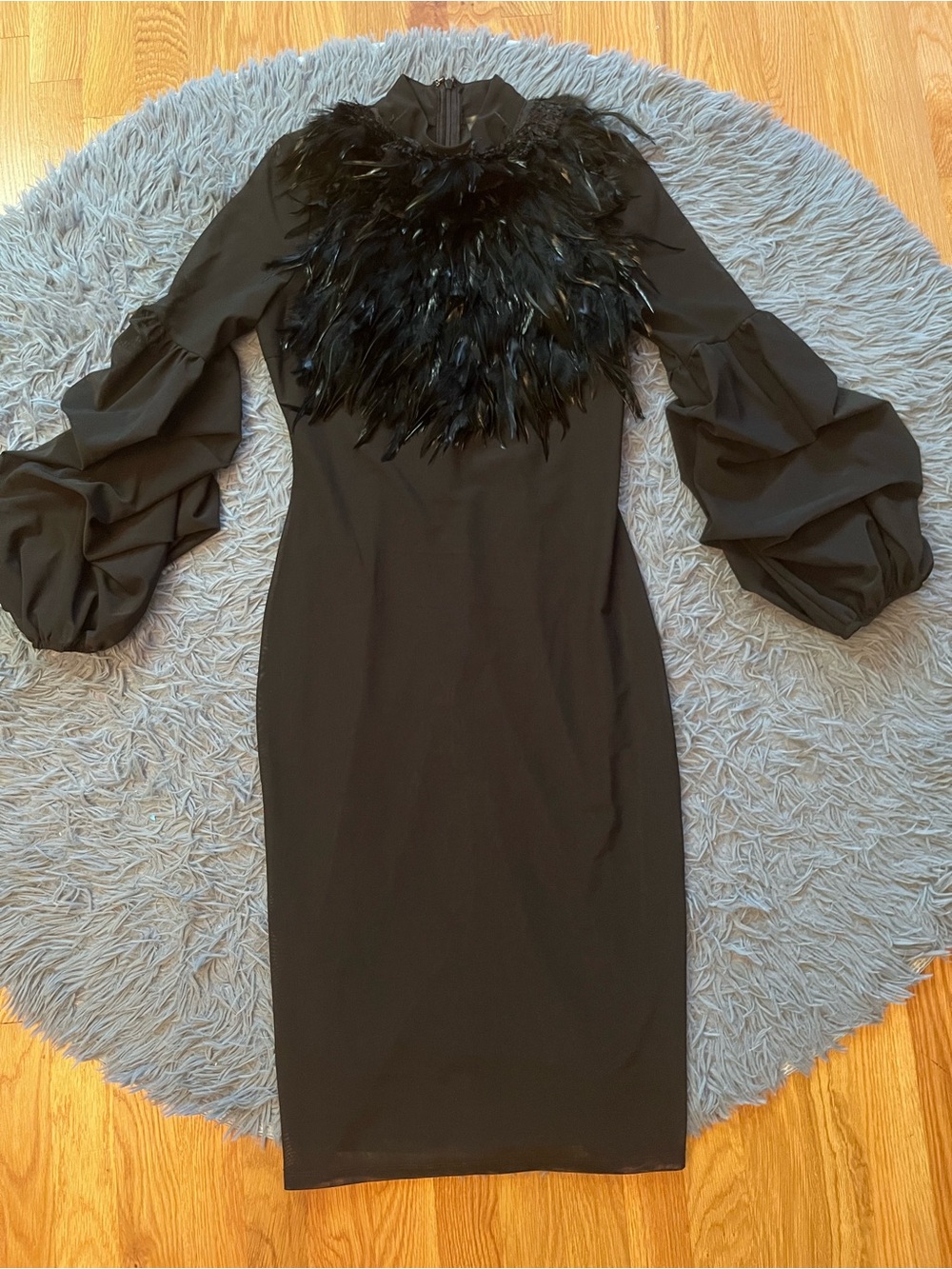 byVinnik Black Feather Trim Bodycon Midi Dress Size M